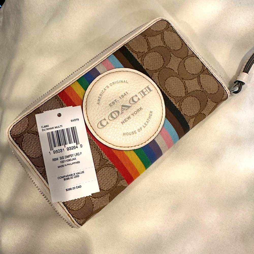 Coach Bags | Coach Cj660 Dempsey Large Phone Wallet Jacquard Rainbow Stripe